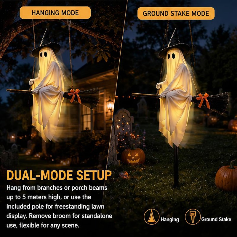 Halloween Light-Up Ghost Decorations Outdoor - 6 FT Spooky Hanging Ghost with Broomstick & Witch Hat