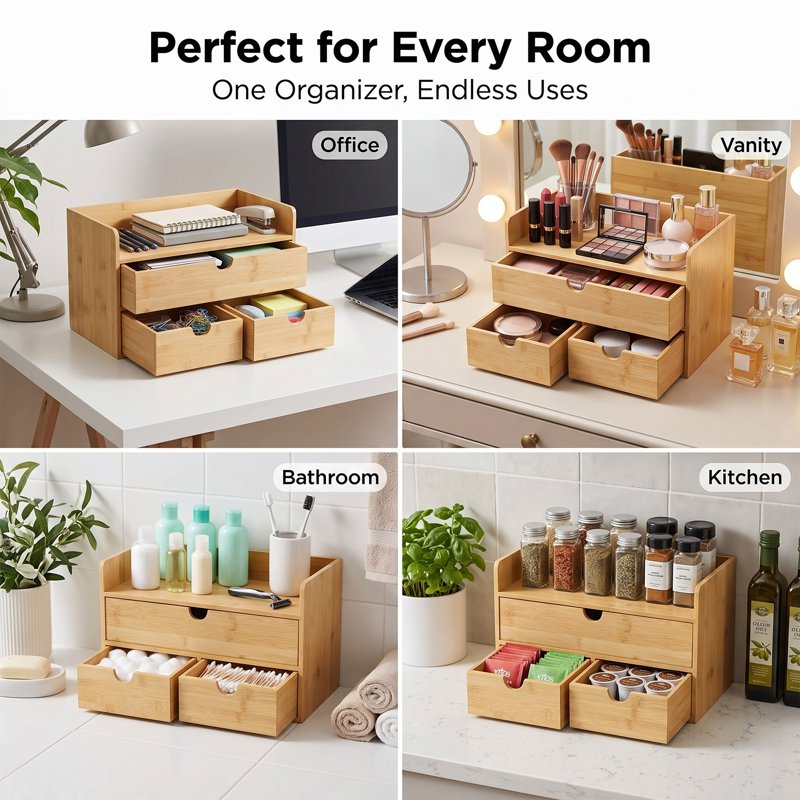 Bamboo Desk Organizer with 3 or 2 Drawers for Office Supplies & Makeup Accessories