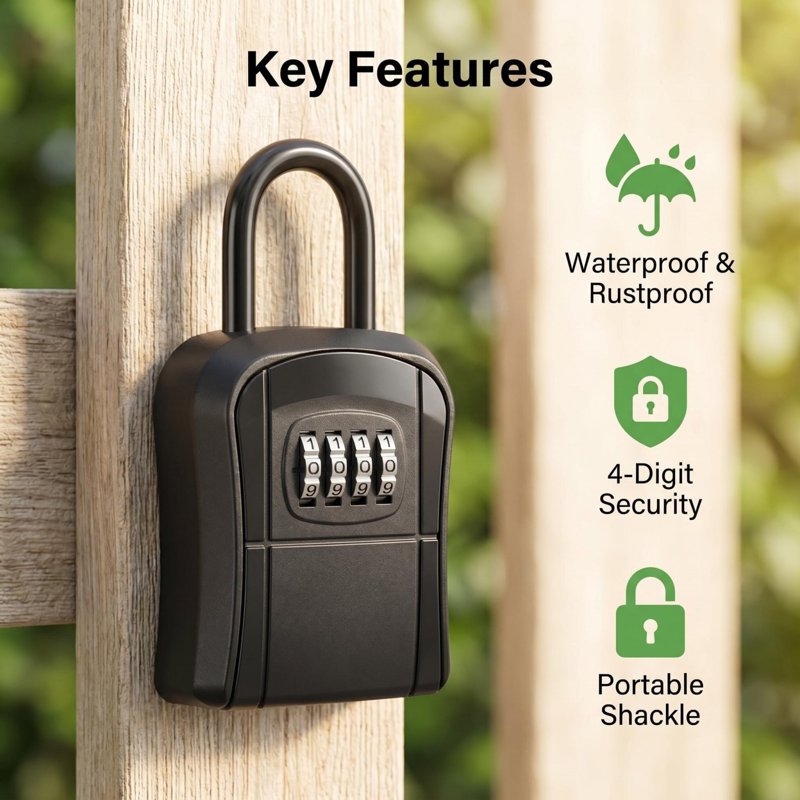 Portable Key Safe Lock Box with Resettable 4-Digit Code - Wall Mount or Hanging Storage for House Keys