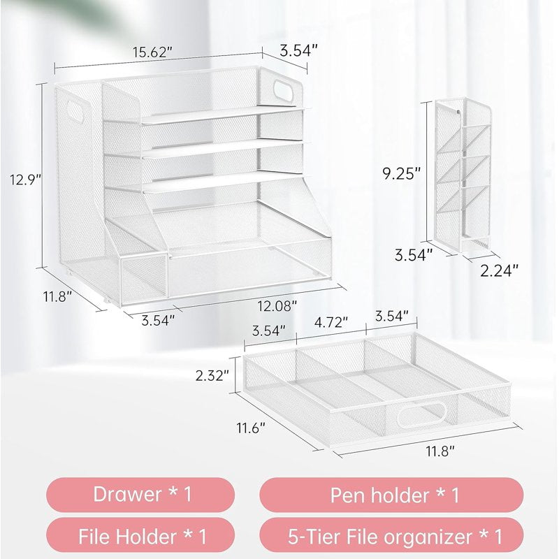 INTIGE White 5-Tier Desk Organizer with File Holder, Drawer & Pen Tray