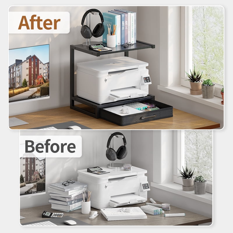 2-Tier Desktop Storage Shelf with Drawer - Printer Stand, Black, 1 Drawer (Variation: Black, 1 Drawer)