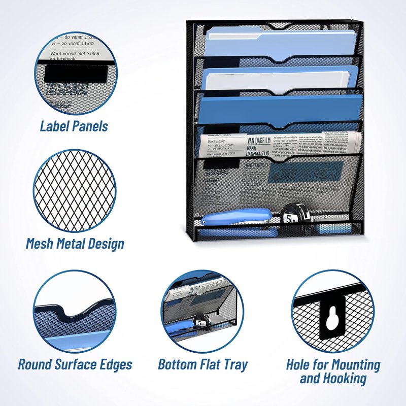 Metal Wall File Organizer 6-Tier Hanging Paper Storage with Hooks