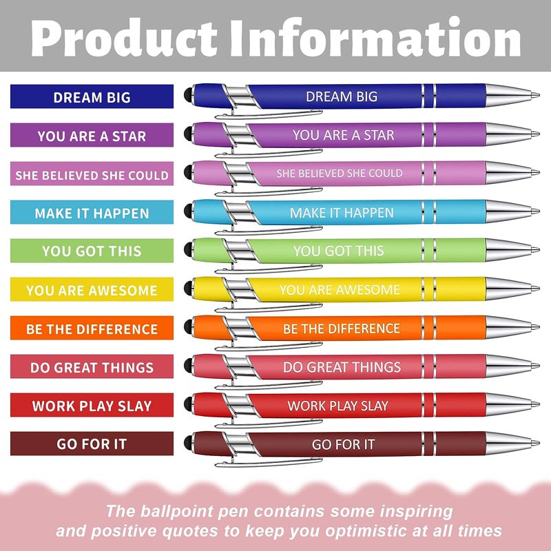 Retractable Ballpoint Pens with Inspirational Quotes & Stylus Tip - Bulk Pack of 10 or 20