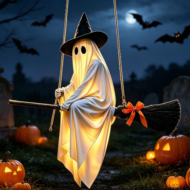 Lighted Flying Ghost Halloween Decoration for Outdoor & Indoor Use - 5 Ft Spooky Ghost with Witch Hat & Broomstick