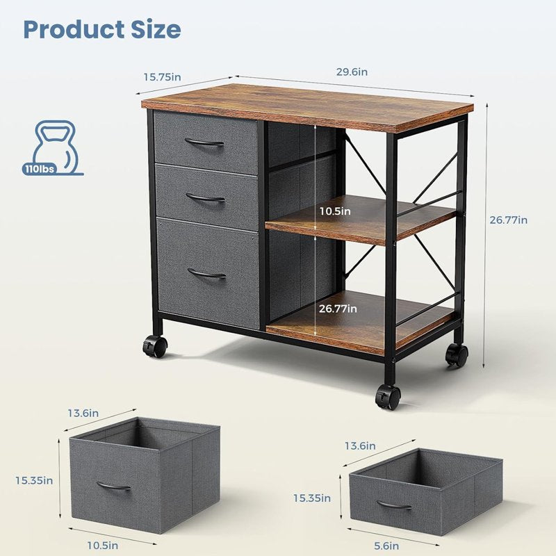 3-Tier Mobile File Cabinet with Drawers & Back Support Bar - Rustic Brown, Black, White