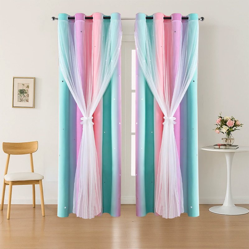 Double-Layer Blackout Rainbow Ombre Glitter Star Window Curtains 39×51 Inch