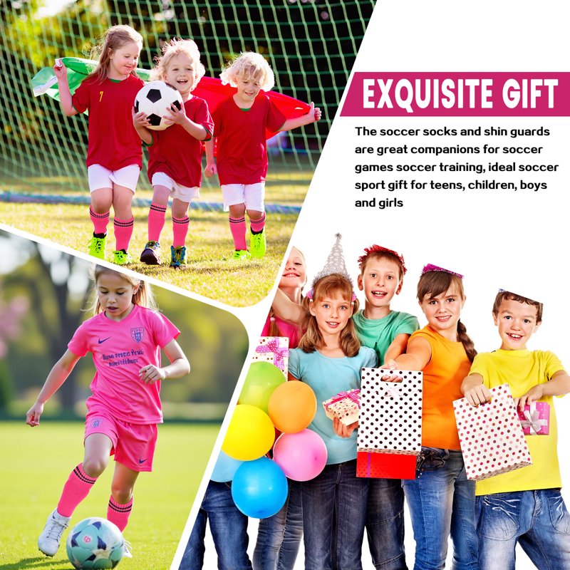 2 Pairs Kids Soccer Shin Guards & Socks Set - Lightweight Protective Shin Pads, 3-15 Years, Black & Rose Red
