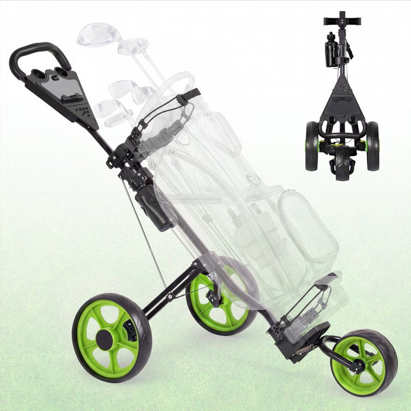 Naipo 3-Wheel Folding Golf Push Cart - Large Wheelbase, Adjustable Handle, Scorecard Holder (Green)