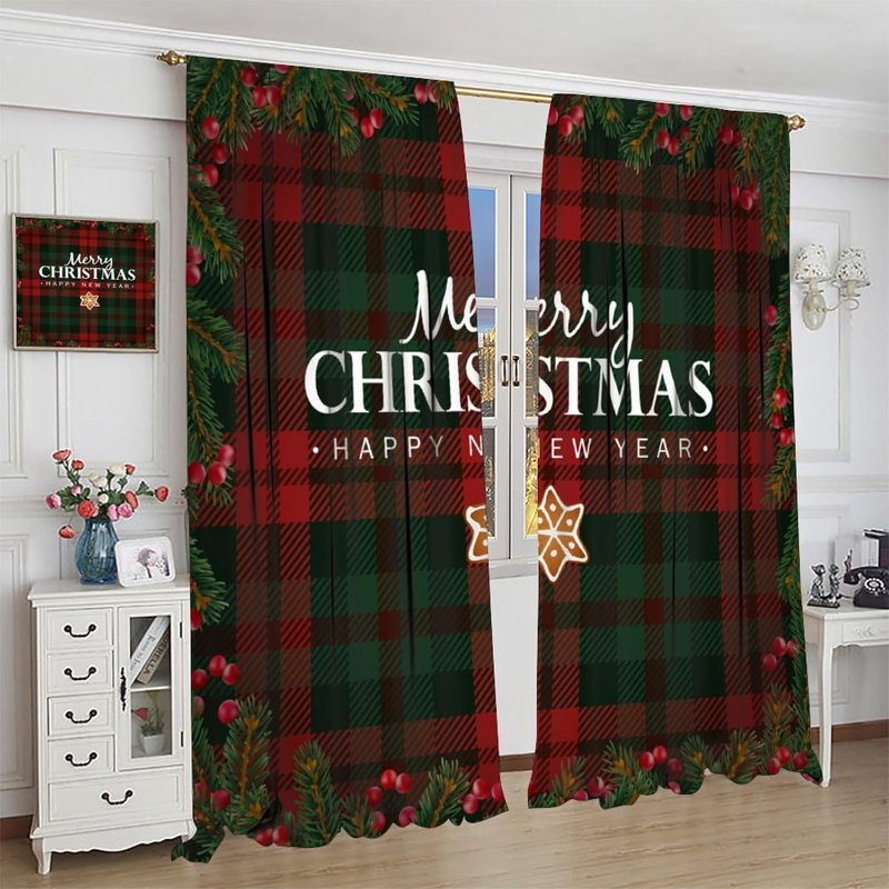 Christmas Window Curtains Set - Buffallo Plaid Insulated Drapes for Living Room & Bedroom