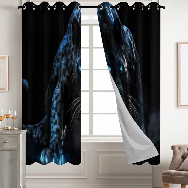 Black Panther Neon Blue Eyes Window Curtains - Blackout Drapes for Bedroom & Living Room