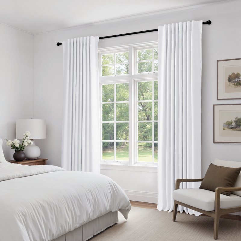Blackout Faux Linen Curtains for Bedroom 90 Inches Long, Thermal Insulated, 2 Panels Set, Bright White
