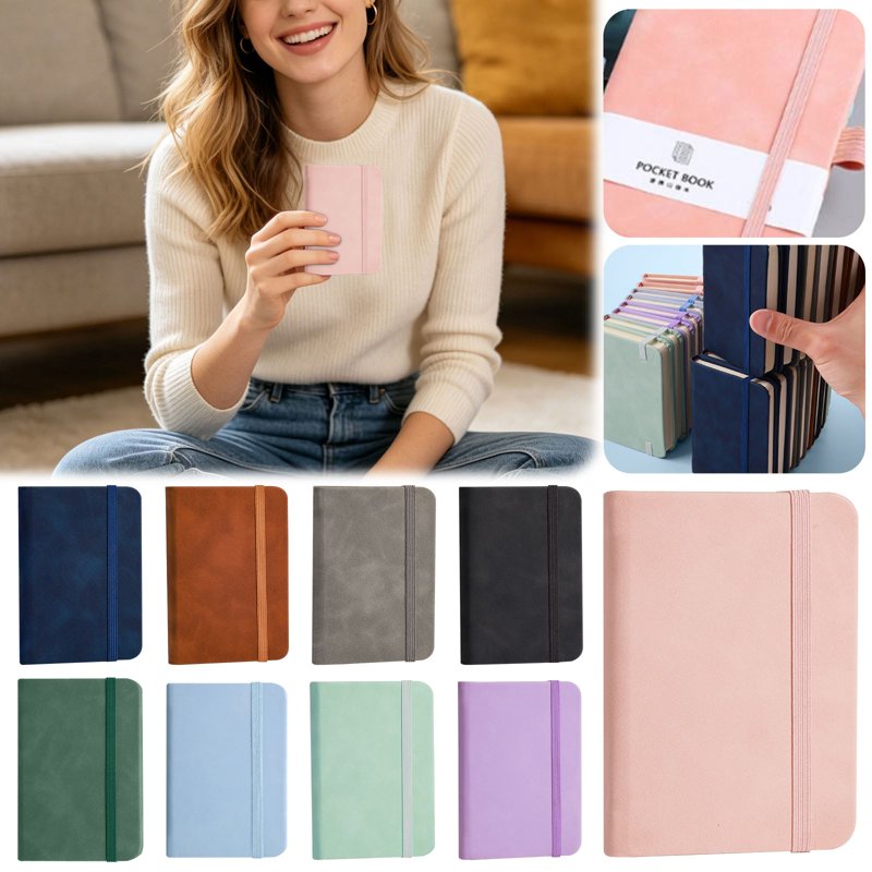 Mini Pocket Notebook with Leather Cover & Strap - Portable Journal for Note Taking