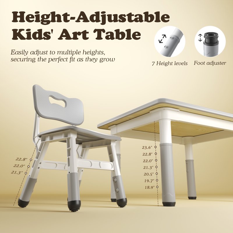 Kids Art Table and 2 Chair Set with Adjustable Heights - Toddler Play Desk, Grey