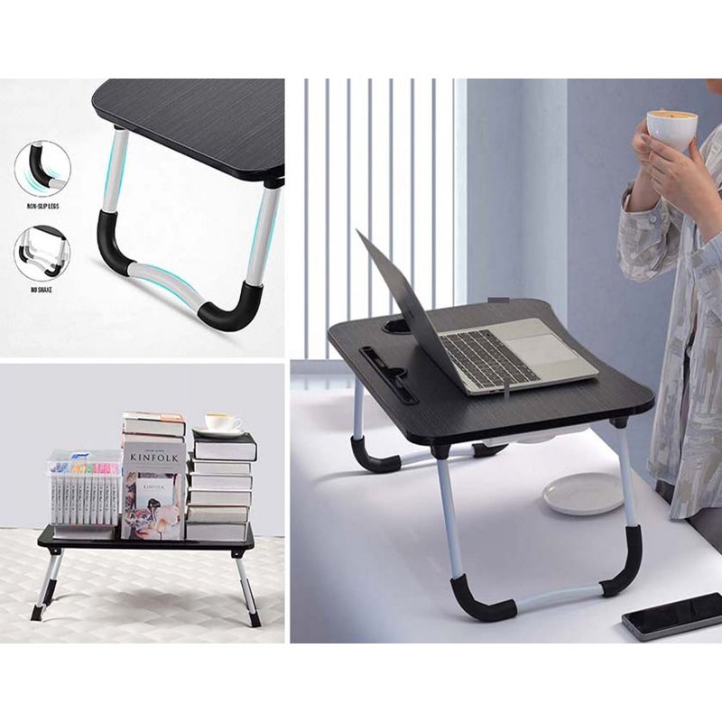 PHANCIR Foldable Laptop Bed Desk 23.6in with iPad Slots, Cup Holder & Drawer - Black, Variation 2