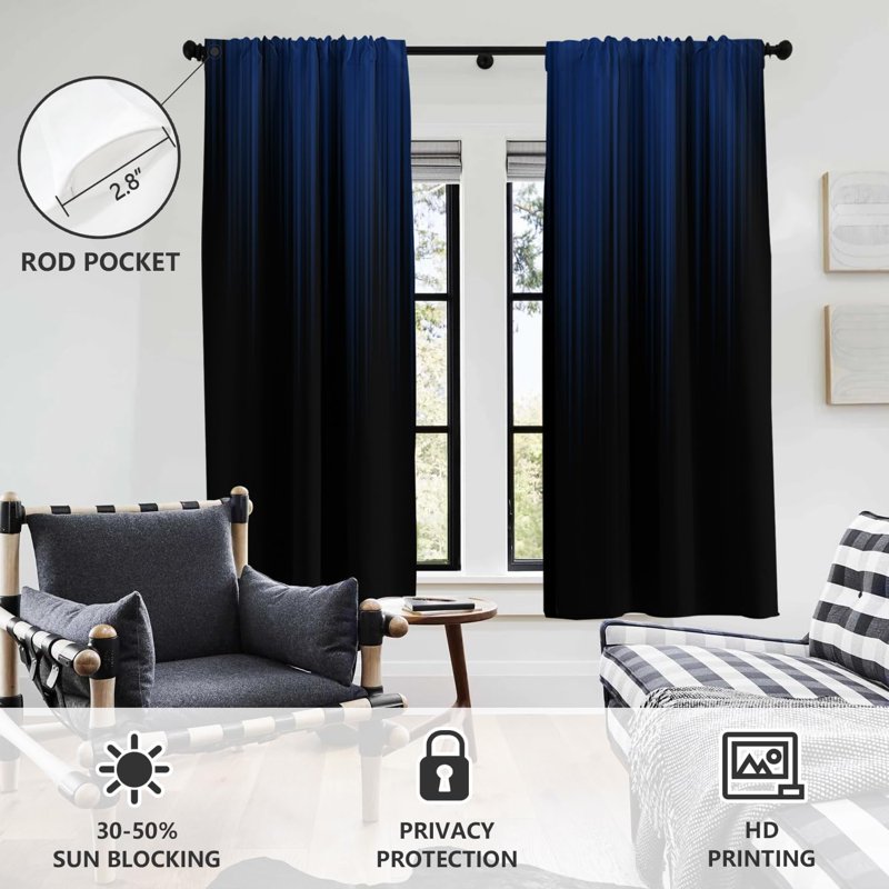 Blue Ombre Window Curtain 42x63 Inches Dark Modern Bedroom Drapes - 1 Pair