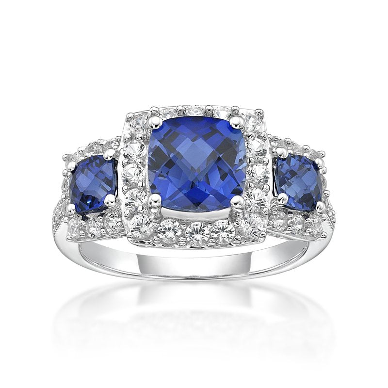 Sterling Silver Cushion Cut Lab Created Sapphire Ring - Blue & White
