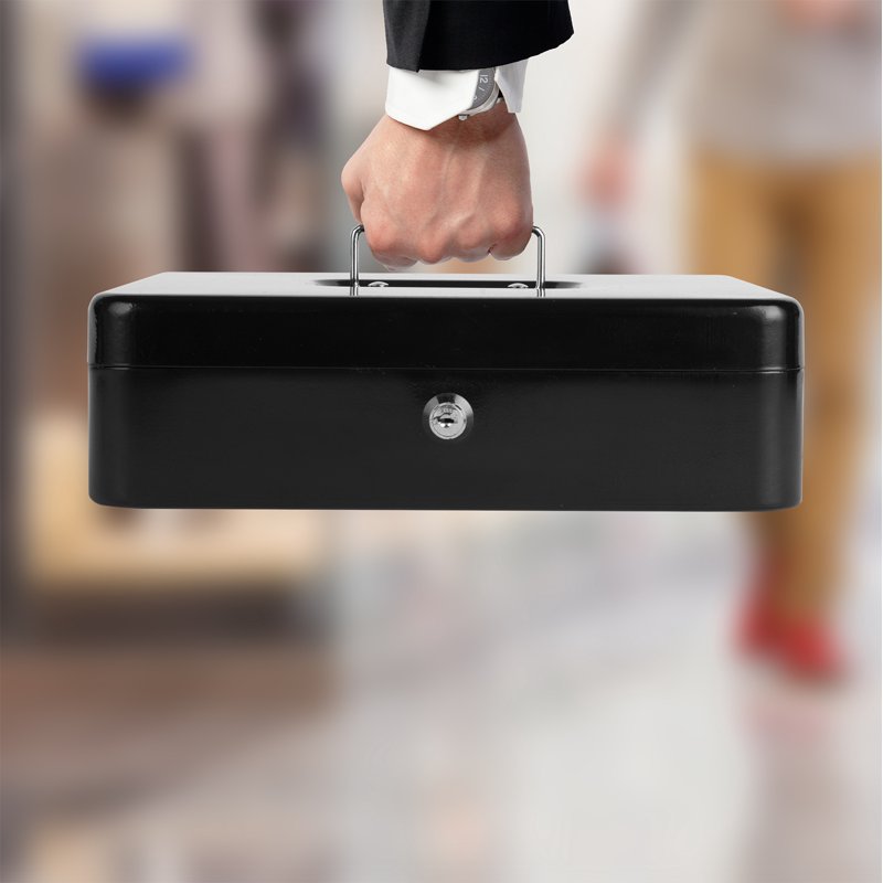 Heavy Duty Metal Cash Box with Lock and Coin Tray - 11.8x9.4x3.5 Inches
