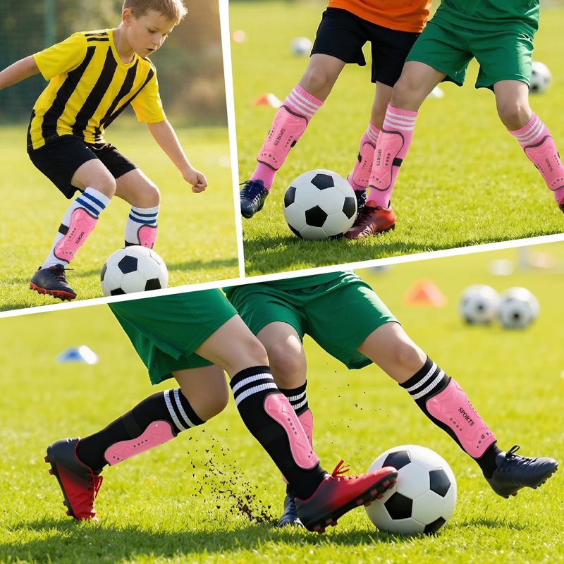Kids Soccer Shin Guards Set with 3 Socks - Adjustable Lightweight Protective Gear (Black, White, Pink) - Ages 6-14