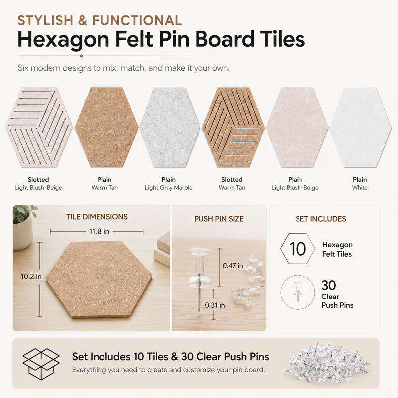 Hexagon Felt Cork Board Tiles Set with Pins - Modern Wall Decor for Office & Home