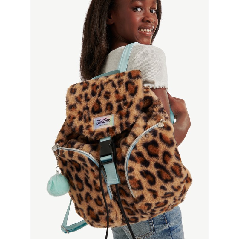 Girls Faux Fur Rucksack Backpack with Leopard Print, Adjustable Straps