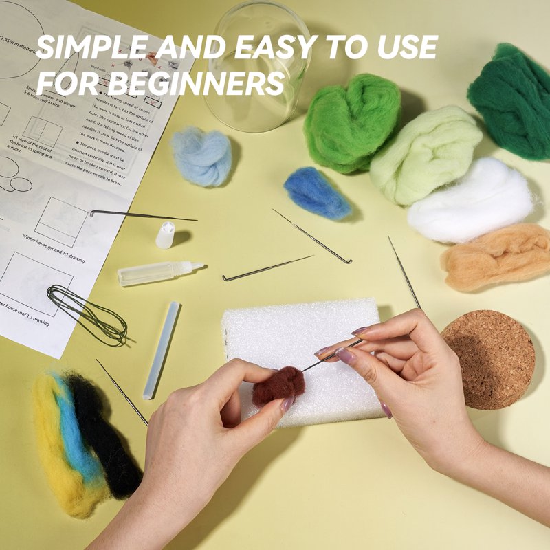 Seasonal Needle Felting Kit with Wool Roving & Glass Dome for Beginners