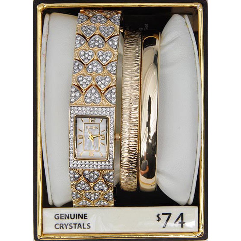 Elegant Women's Gold-Tone Mother of Pearl Crystal Double Bangle Watch Set