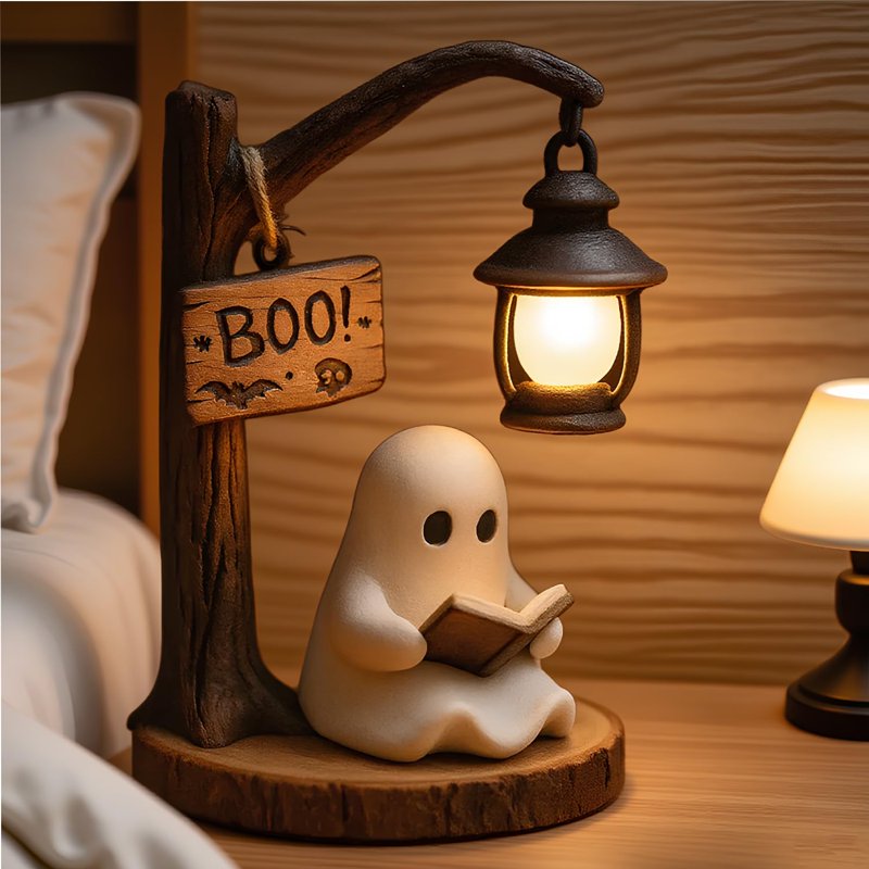 Cute Ghost Reading Book Lamp - 3D Resin Halloween Night Light Indoor Figurine