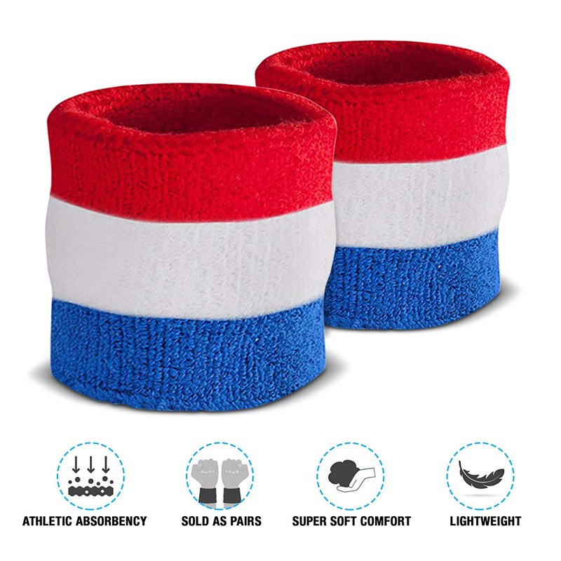 Sport Wristbands for Sports & Fitness - Moisture Wicking Cotton Blend, Red White Blue (Pair)