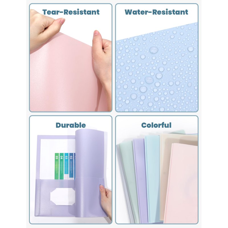 Heavy Duty Plastic Folder with Pockets & Business Card Slot - 6 Assorted Pastel Colors