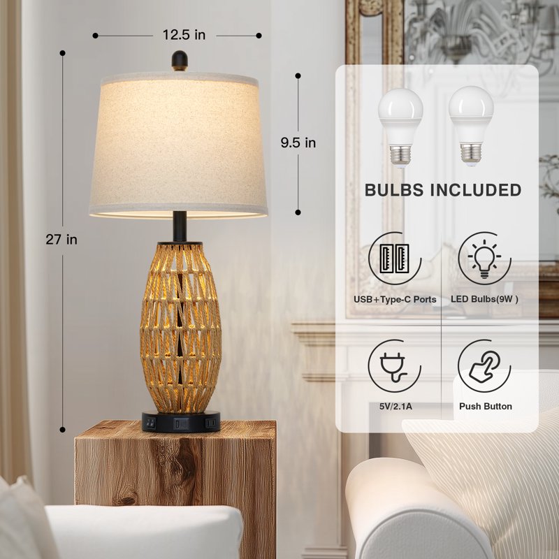 Set of 2 27-Inch Rattan Table Lamps with Night Light & USB Charging