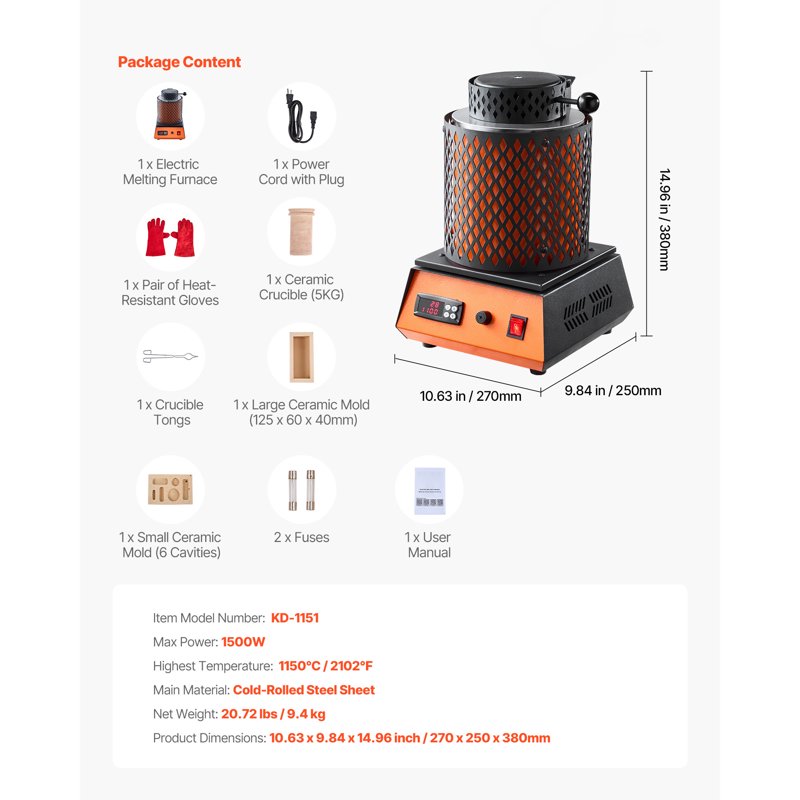Electric Melting Furnace 1500W Metal Smelter Kit for Jewelry and Metal Casting
