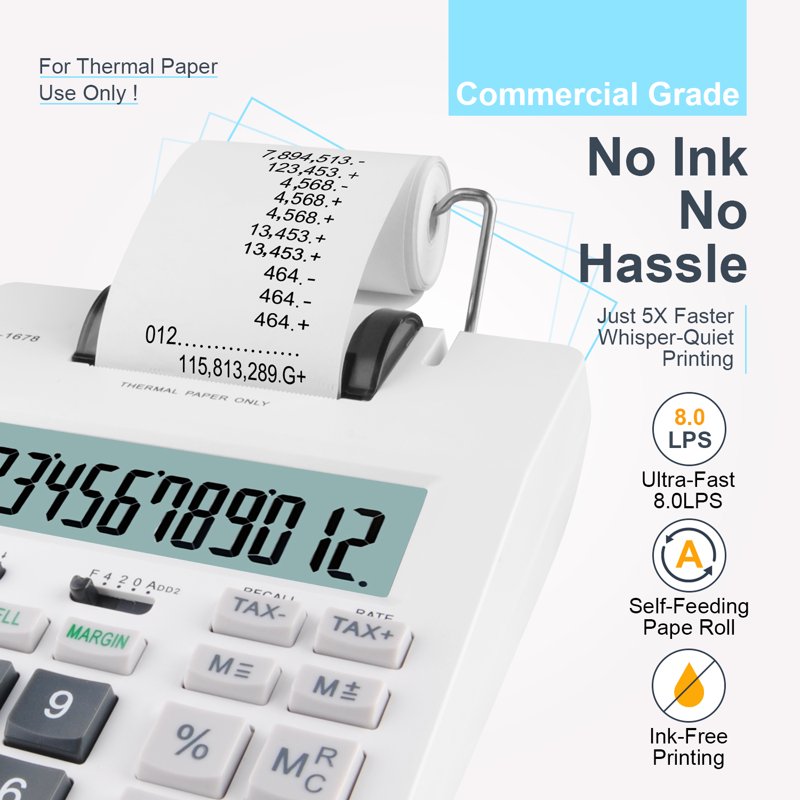 Thermal Printing Calculator with Large LCD, 12-Digit Count, Paper Roll, Type-C Charge