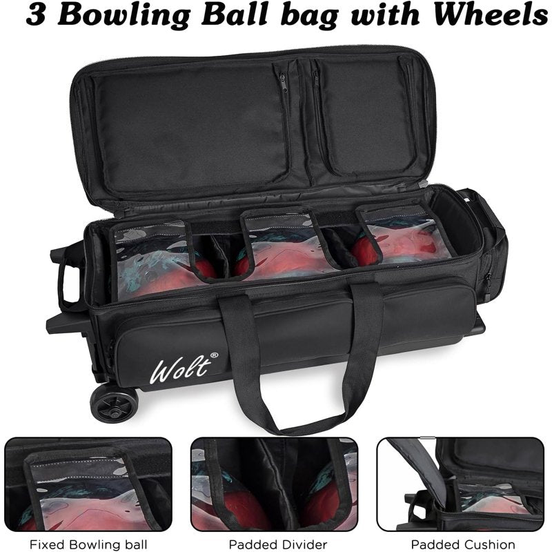 Bowling Ball Bag with Wheels 3-Ball Capacity, Shoe Compartment & Accessory Pocket, Retractable Handle