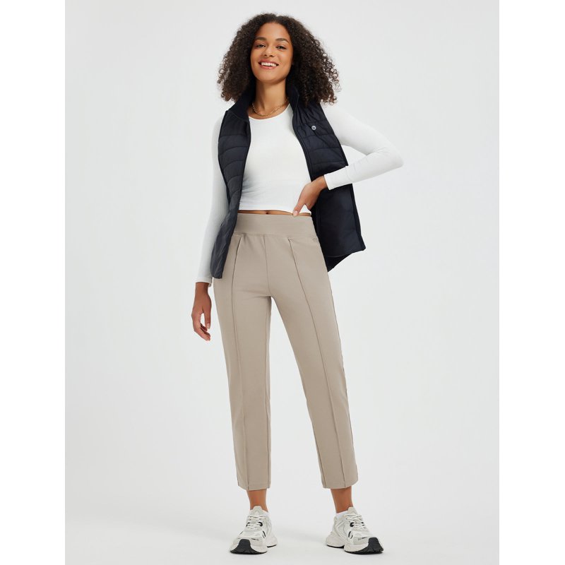 Womens Travel Pants - Stretch Ankle Golf Pants with Pockets, Petite, Beige, Size S