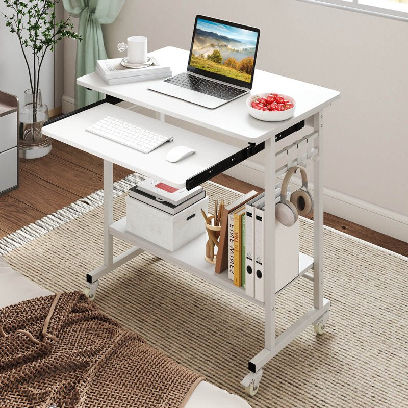 Mobile Laptop Desk with Keyboard Tray & Hooks, Lower Shelf, Wheels, White