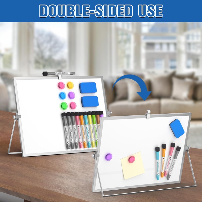 Magnetic Dry Erase Whiteboard with Stand - Double-Sided 16x12 Inch, Includes Markers & Erasers