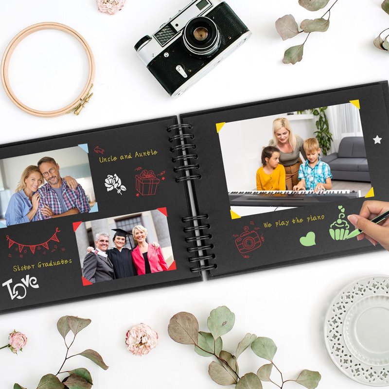 80-Page Scrapbook Album with Markers & Stickers - DIY Memory Book for Wedding, Birthday & Anniversary - Black