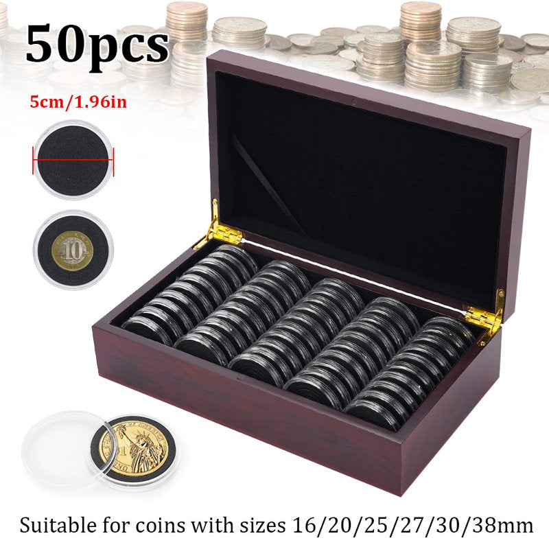 Wooden Coin Storage Box Organizer with Foam Gaskets - Multiple Sizes, 50Pcs