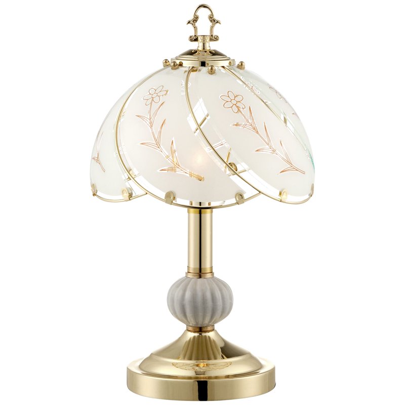 Traditional Accent Table Lamp with Floral Etched Glass Shade - Touch Control, Brass Finish, 15"