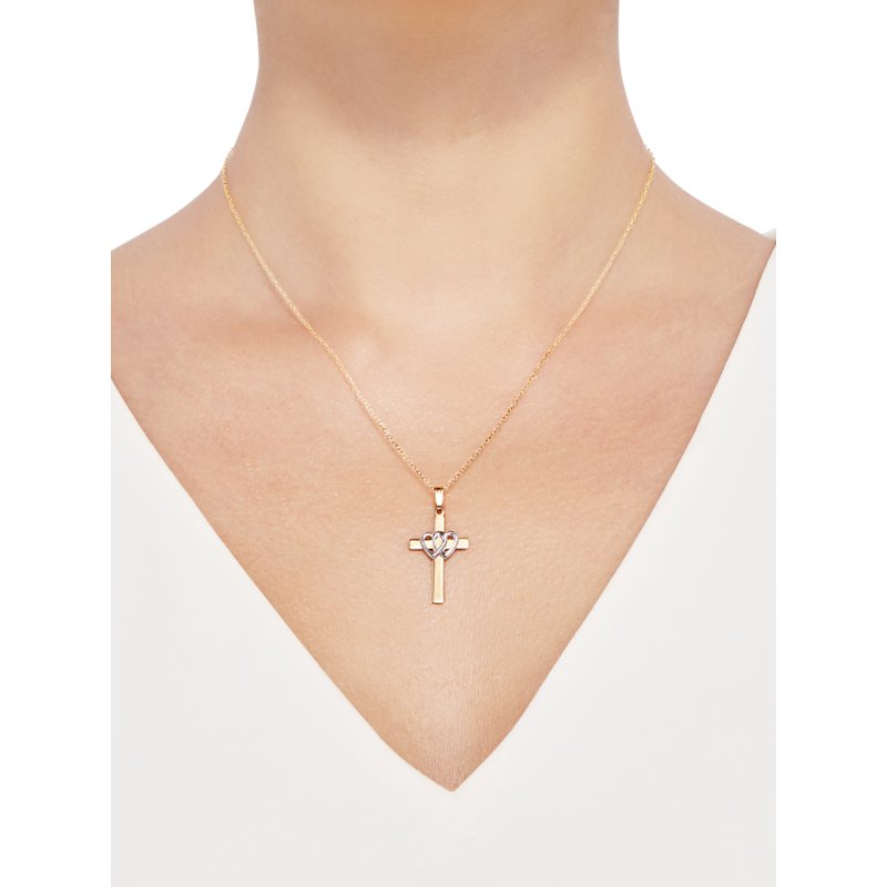 Sterling Silver & 18K Gold Plated Cross Pendant with Double Hearts, 18 Inch Chain