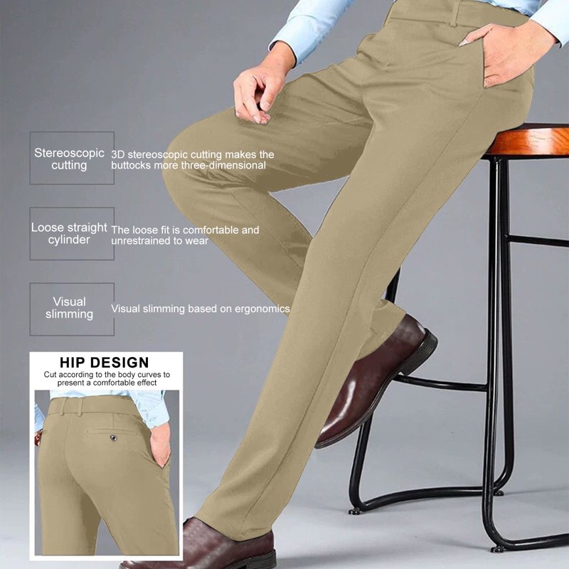 Men's Stretch Dress Pants - Business Casual Flat Front Khaki & Black