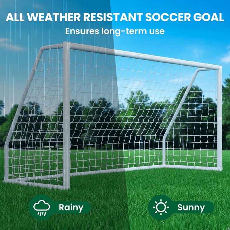 SLSY 12ft Soccer Goal - White Non-Folding 12x6 Backyard Training Net + Ground Pegs