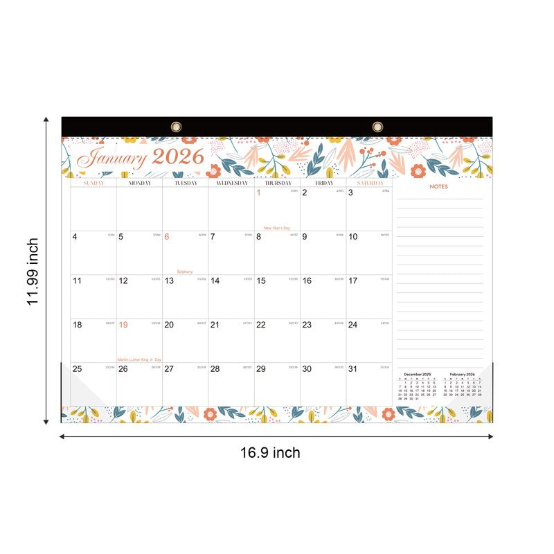 Horizontal Wall Calendar 2026 Floral Pattern Large Weekly Organizer