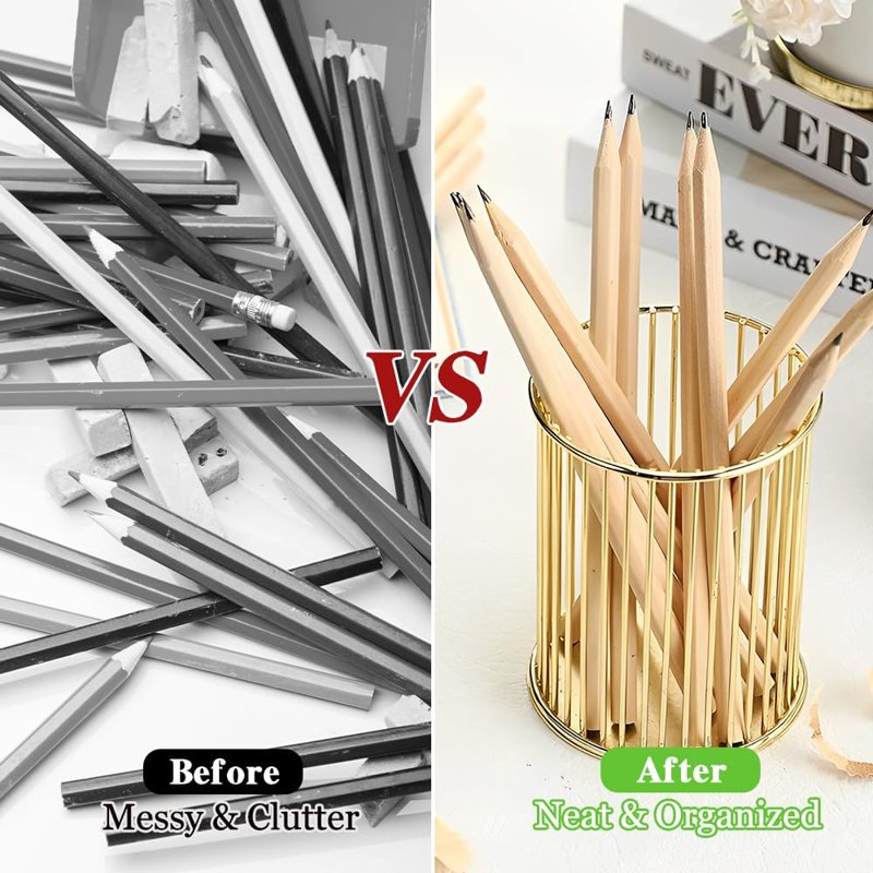 Gold Metal Pen Holder Set - Desk Organizer for Office & Makeup