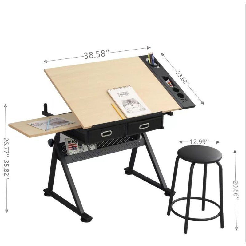Adjustable Drafting Table Desk with Storage Drawers & Stool - Art & Studio Workstation