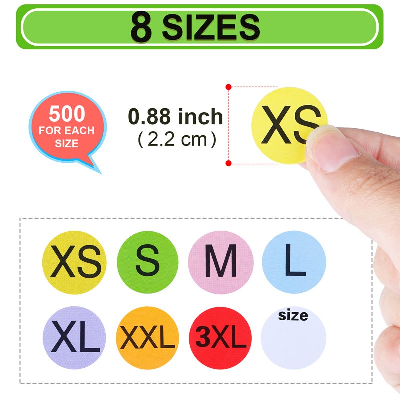 Self-Adhesive Clothing Size Stickers - 8 Rolls, 4000 Labels for Garments