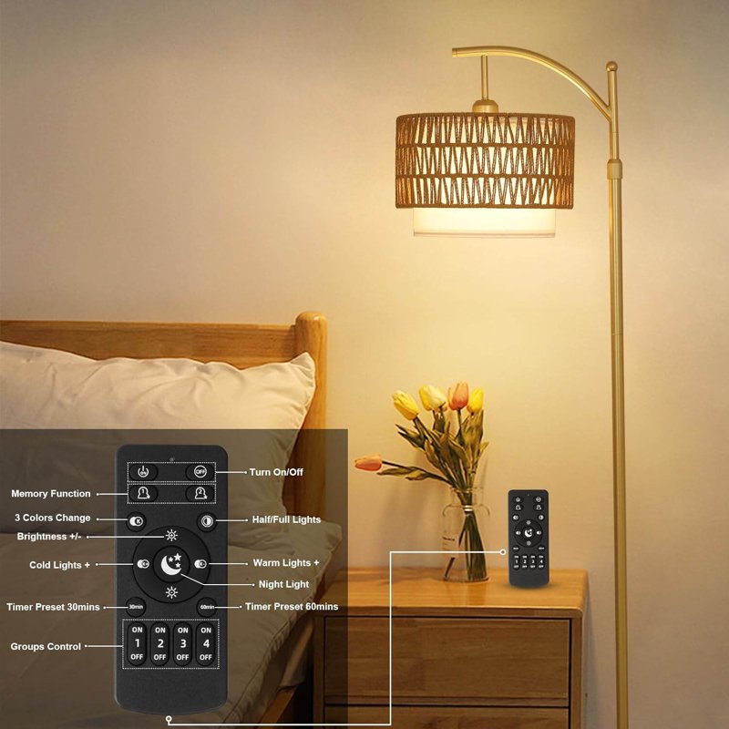 Modern Arc Floor Lamp with Remote, Dimmable LED & Dual Shades