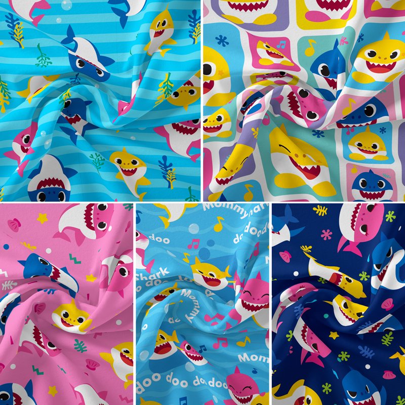 Baby Shark Cotton Fabric Bundle - 18x21 Inches, Multi-Color, 5 Pieces for Quilting & Crafts