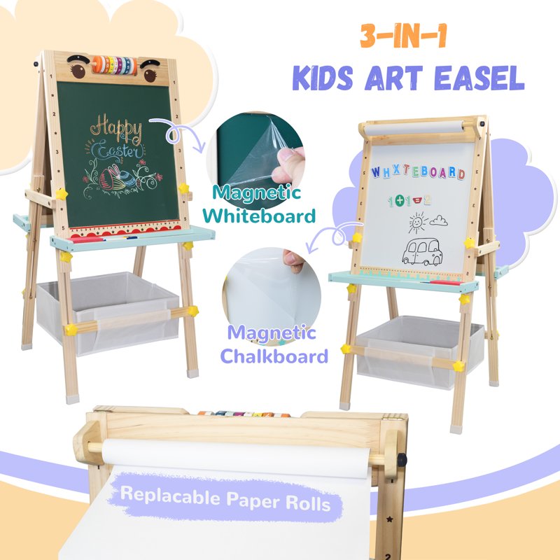 Kids Art Easel with Paper Roll Double-Sided Adjustable Drawing Board with Accessories
