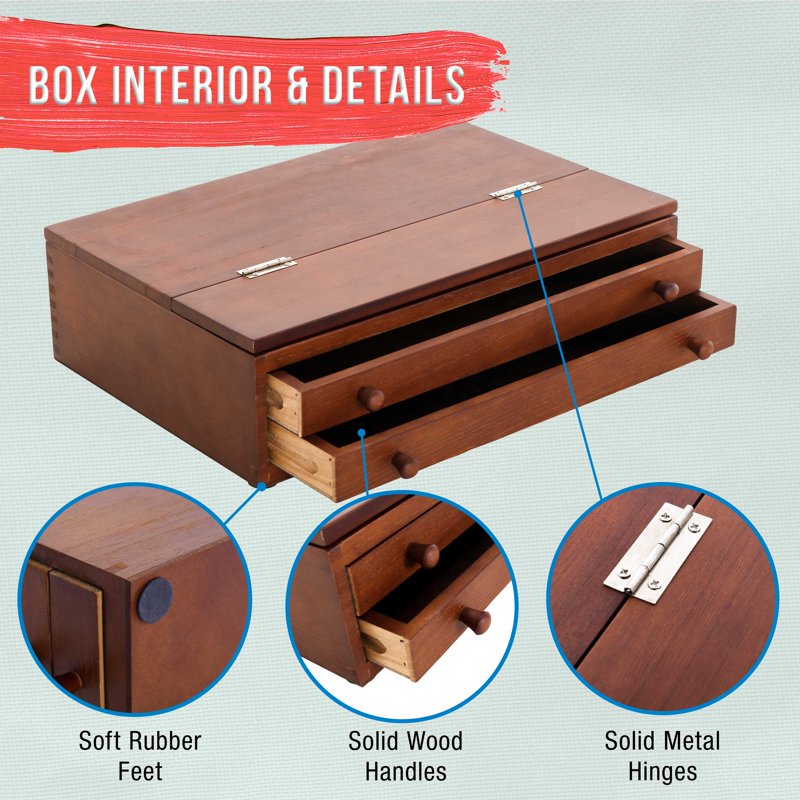 Wooden Art Storage Box with Adjustable Easel and Locking Drawers - Beechwood Art Organizer